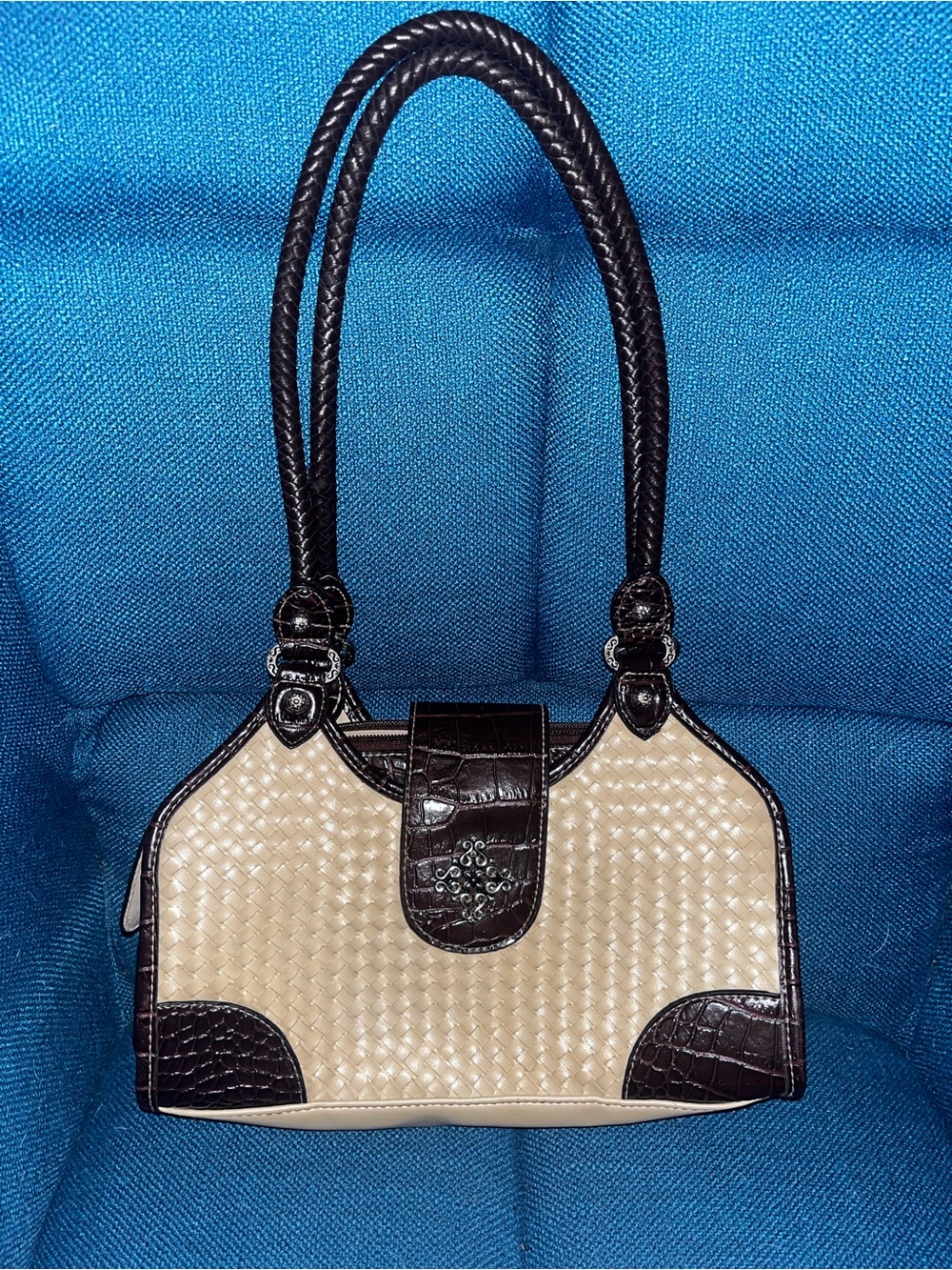 Women’s Beige and Dark Brown Woven Accent Handbag